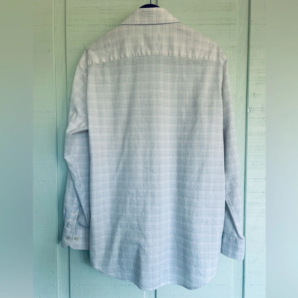 Bugatchi Button-Down Size 17 34/35 White Blue Pink Check Stretch LS (B9-1052)